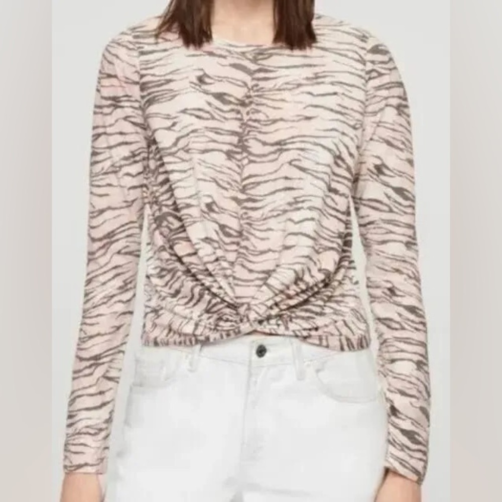 All Saints Tygers Carme Long Sleeve Knot Front Tiger Stripe Light Pink T-Shirt